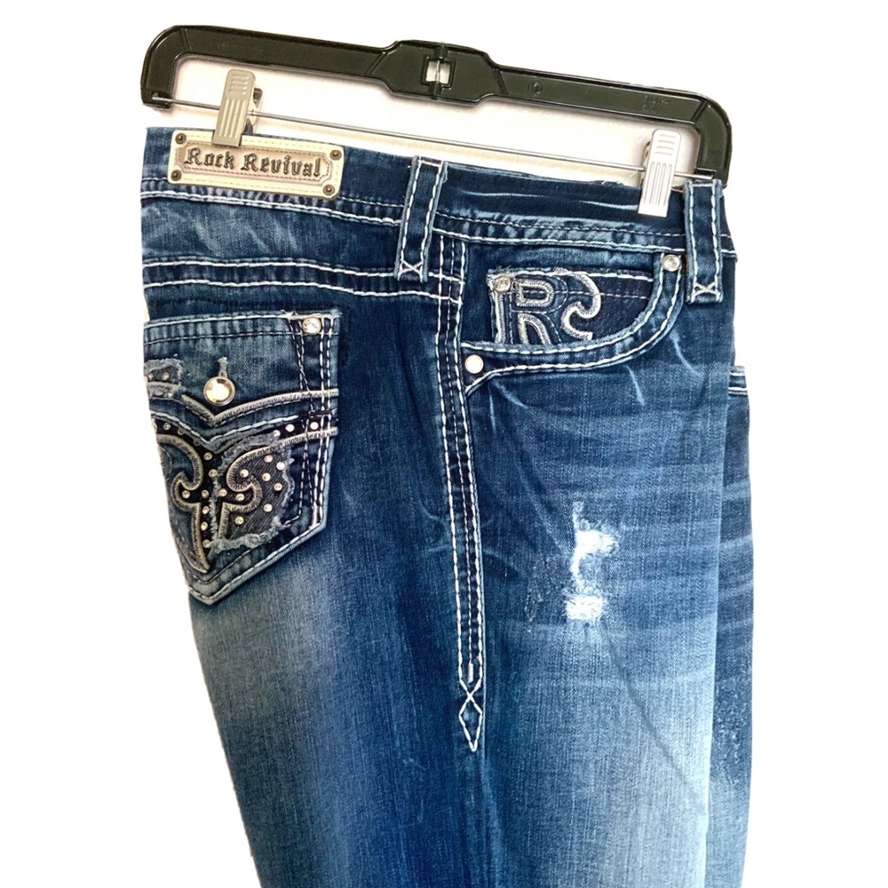 Rock Revival Sundee Jeans Women Size 36x35 Easy Boot Distressed Rhinestone Denim